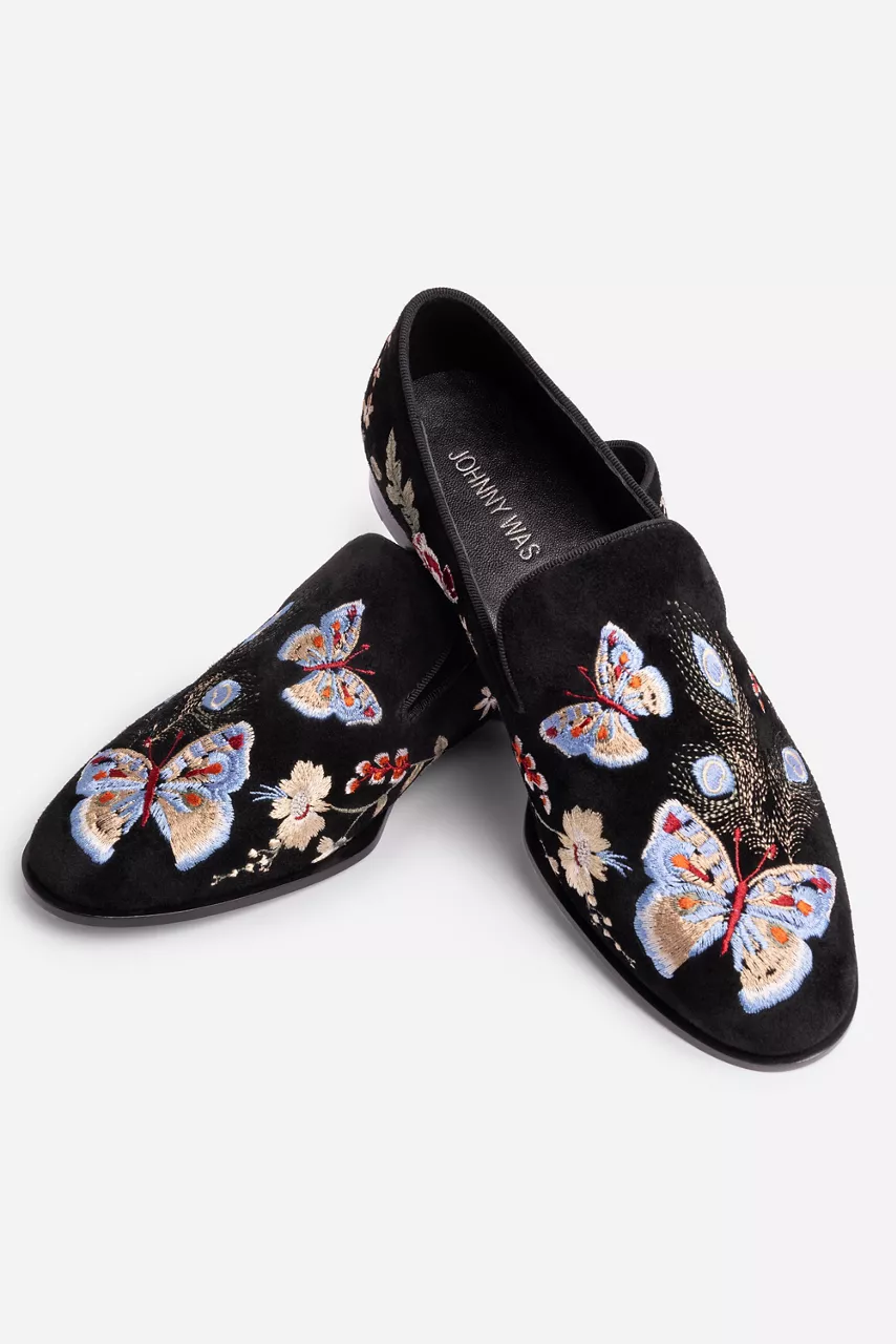 Johnny Was FLORRIE EMBROIDERED SMOKING LOAFER Black