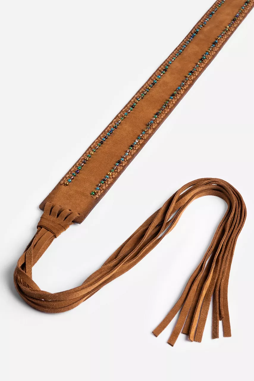 Johnny Was HANDBEADED ITALIAN SUEDE TASSEL BELT Tan