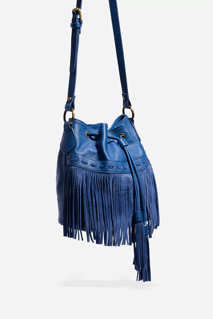 Johnny Was ITALIAN LEATHER FRINGE BUCKET BAG Blu Cina