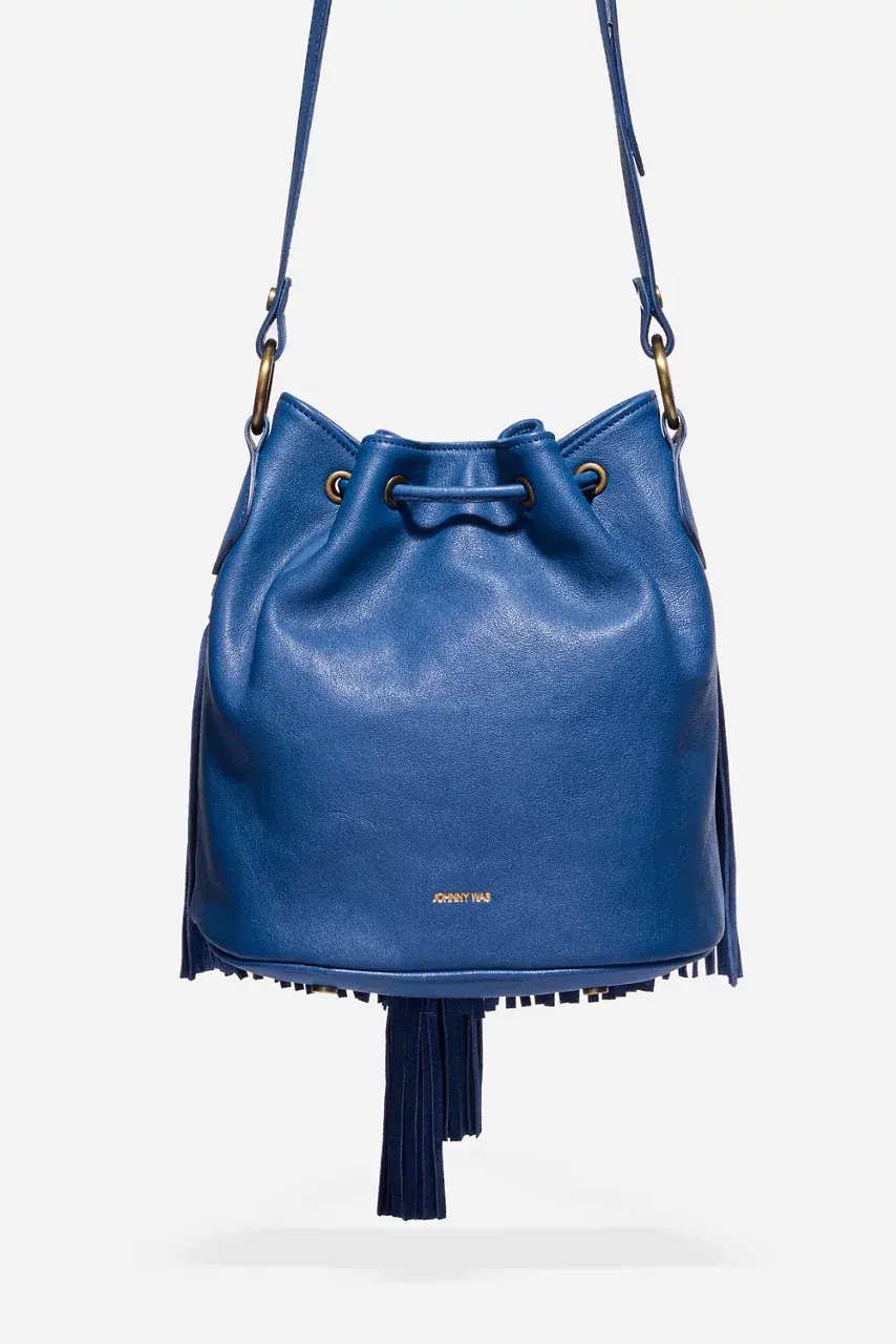 Johnny Was ITALIAN LEATHER FRINGE BUCKET BAG Blu Cina