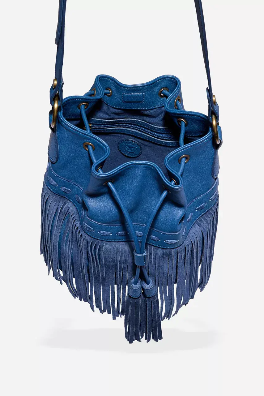 Johnny Was ITALIAN LEATHER FRINGE BUCKET BAG Blu Cina