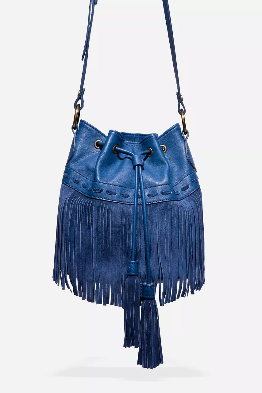 johnny was ITALIAN LEATHER FRINGE BUCKET BAG Blu Cina