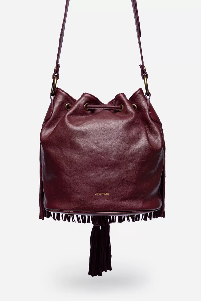 Johnny Was ITALIAN LEATHER FRINGE BUCKET BAG Oxblood