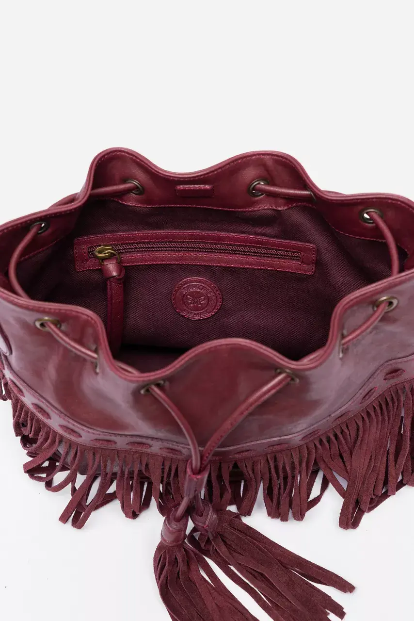 Johnny Was ITALIAN LEATHER FRINGE BUCKET BAG Oxblood