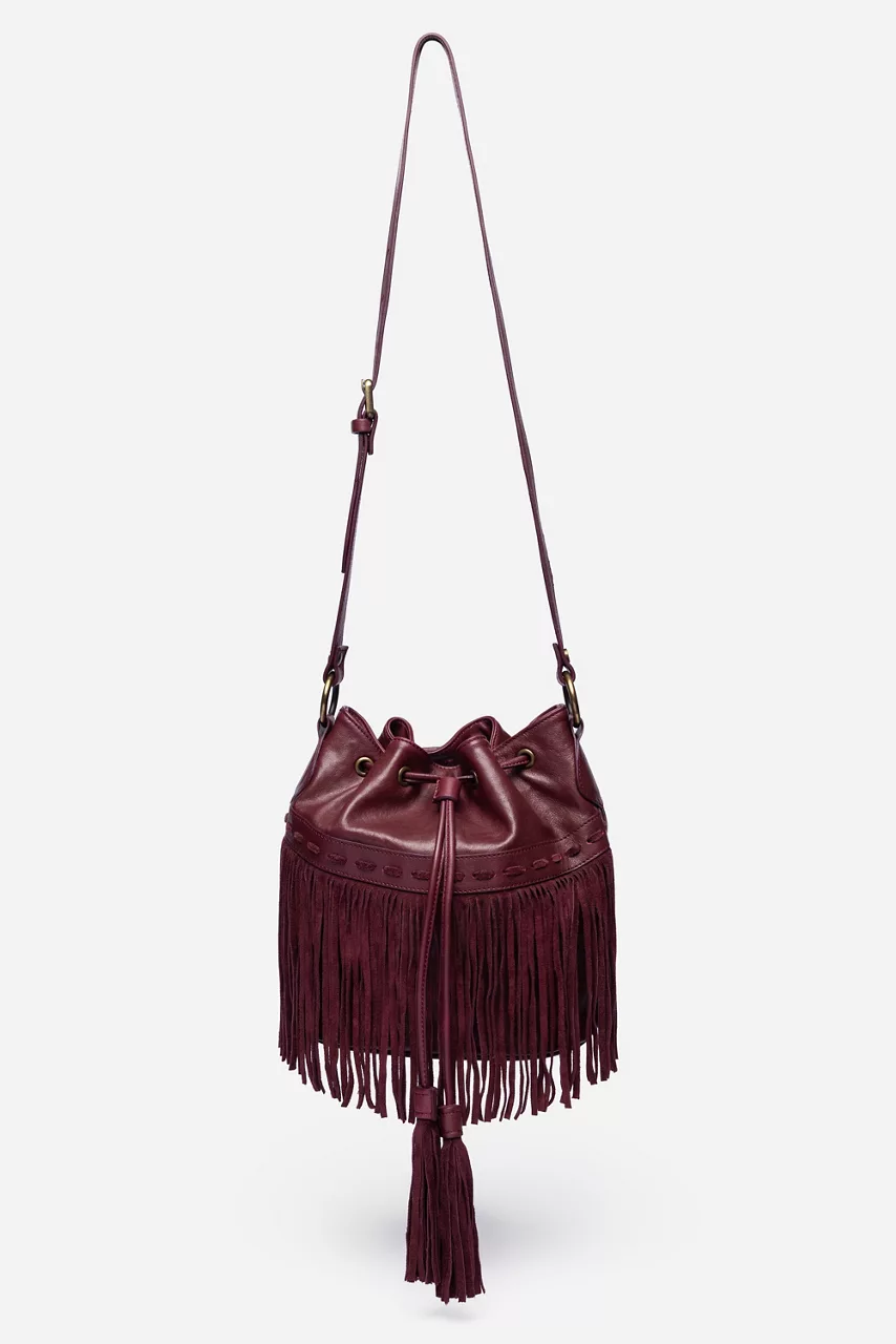 Johnny Was ITALIAN LEATHER FRINGE BUCKET BAG Oxblood