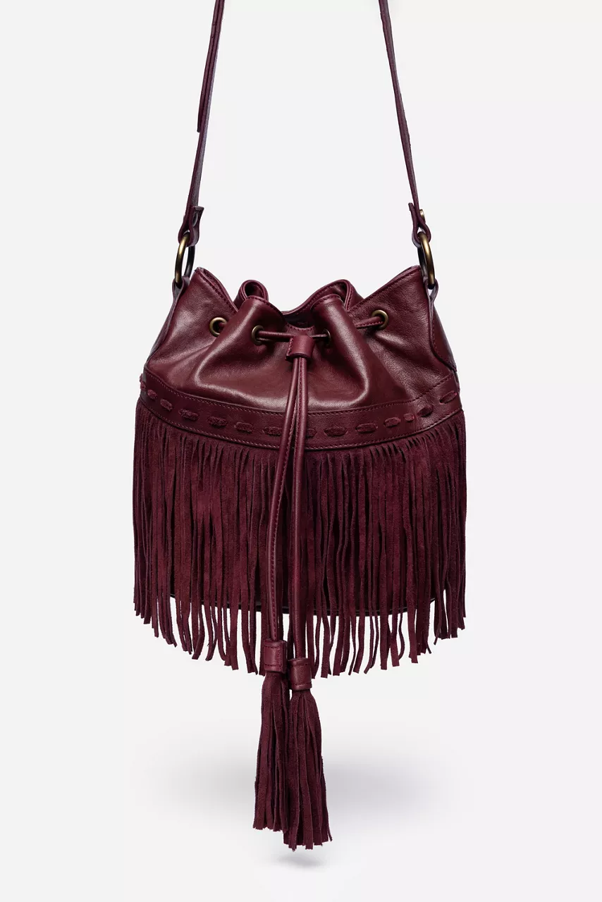 johnny was ITALIAN LEATHER FRINGE BUCKET BAG Oxblood