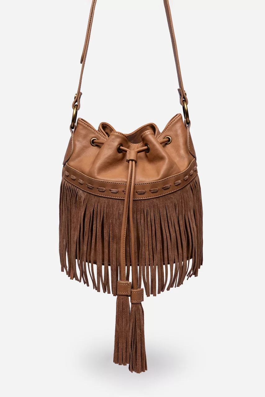 johnny was ITALIAN LEATHER FRINGE BUCKET BAG Sienna