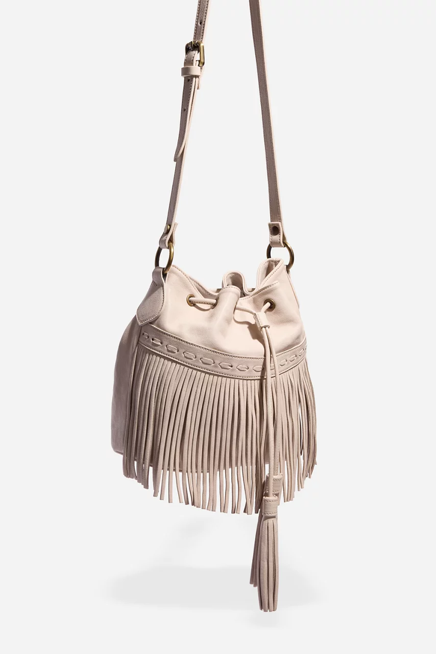 Johnny Was ITALIAN LEATHER FRINGE BUCKET BAG Tapioca