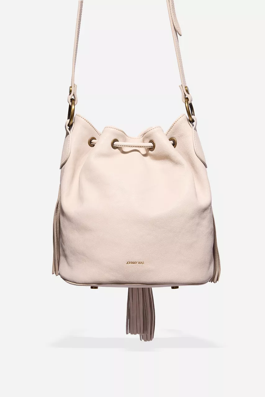Johnny Was ITALIAN LEATHER FRINGE BUCKET BAG Tapioca