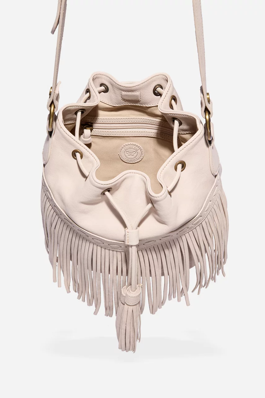 Johnny Was ITALIAN LEATHER FRINGE BUCKET BAG Tapioca