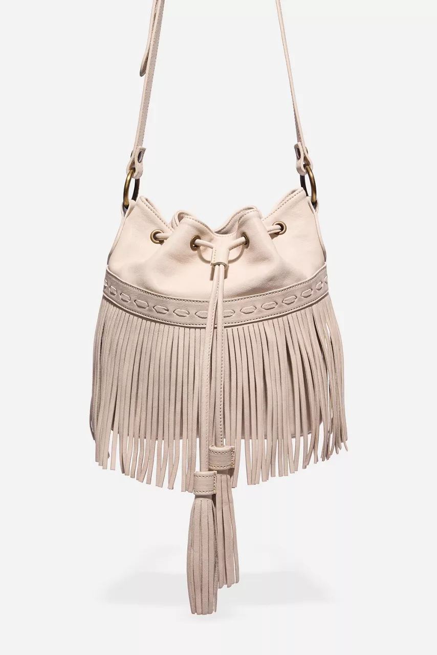 johnny was ITALIAN LEATHER FRINGE BUCKET BAG Tapioca