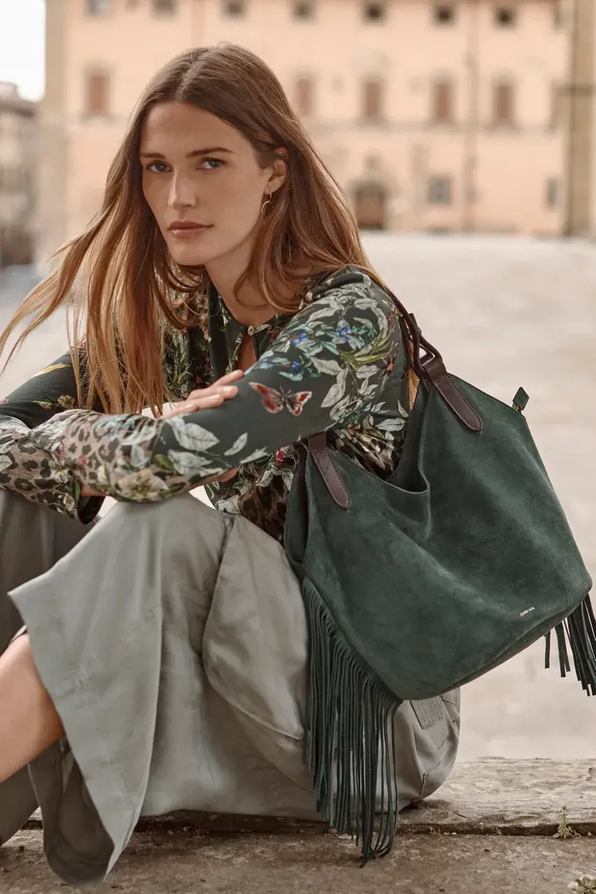 Johnny Was ITALIAN SUEDE FRINGE SHOPPER BAG Deep Sage