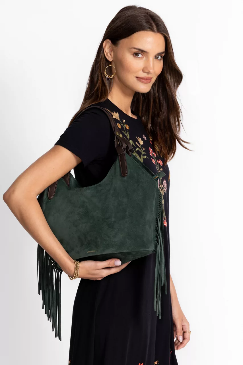 johnny was ITALIAN SUEDE FRINGE SHOPPER BAG Deep Sage