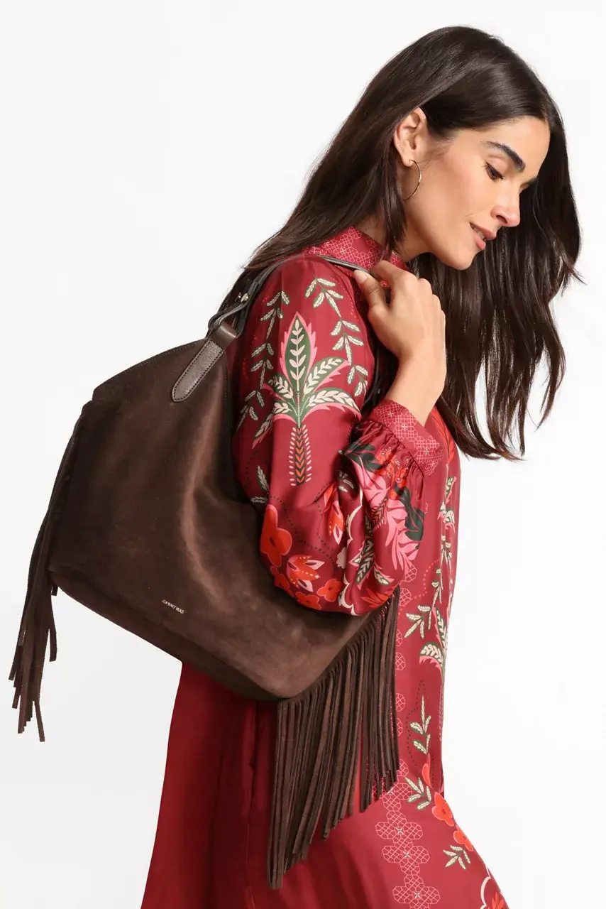 johnny was ITALIAN SUEDE FRINGE SHOPPER BAG Mahogany