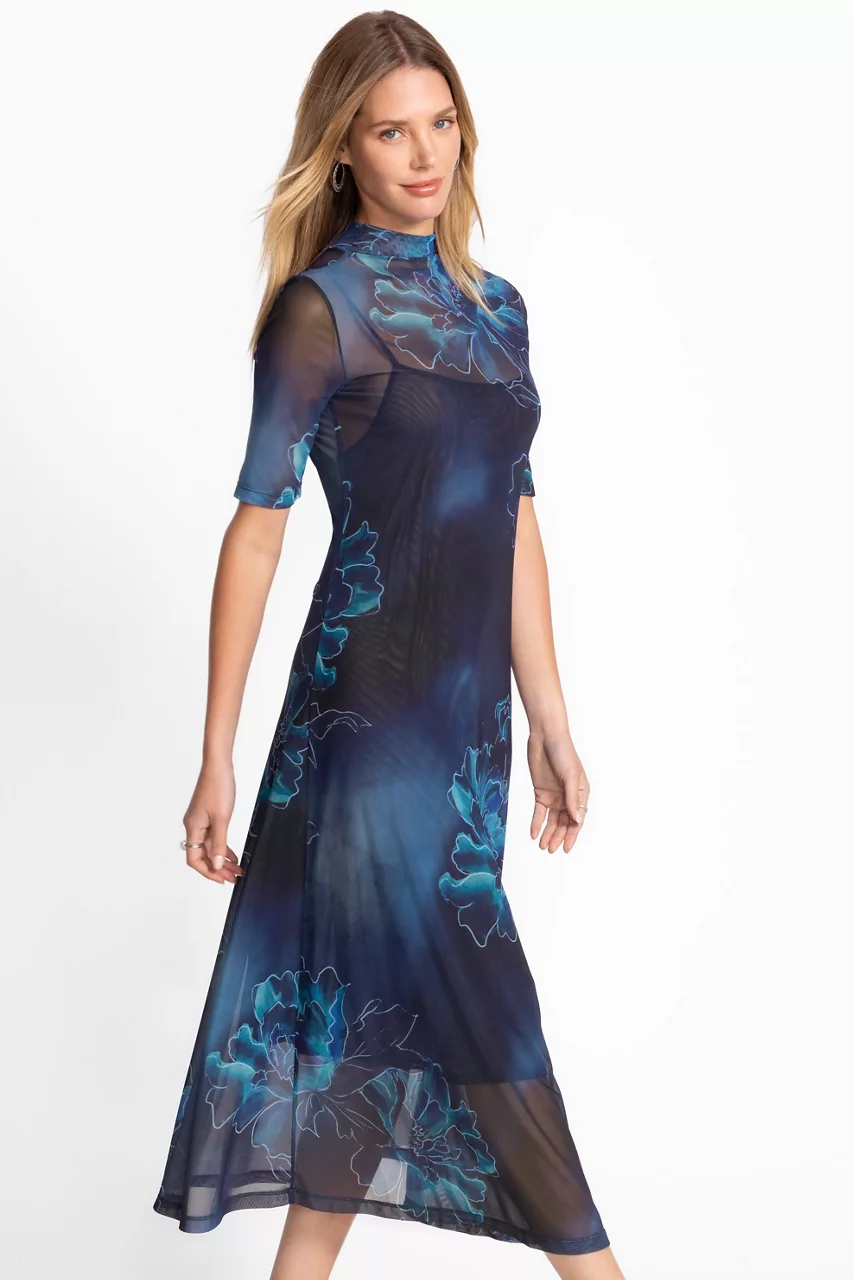 Johnny Was 3/4 SLEEVE MOCK NECK MESH DRESS Athena