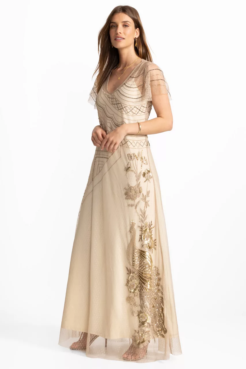 Johnny Was AMERYS SEQUIN MESH DRESS Latte