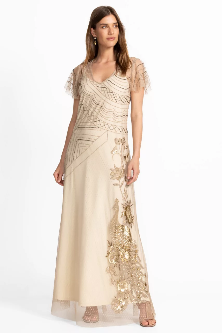 Johnny Was AMERYS SEQUIN MESH DRESS Latte