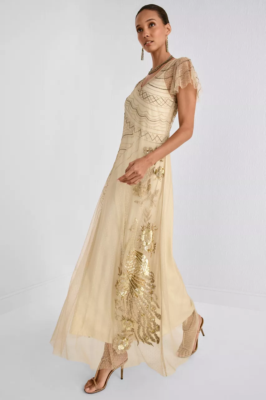 johnny was AMERYS SEQUIN MESH DRESS Latte