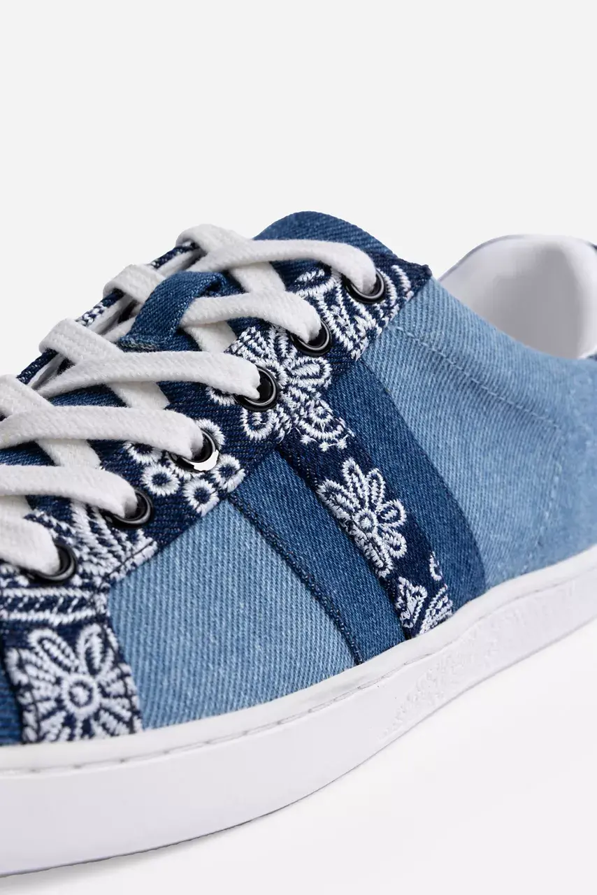 Johnny Was BANDANA EMBROIDERED DENIM SNEAKER White