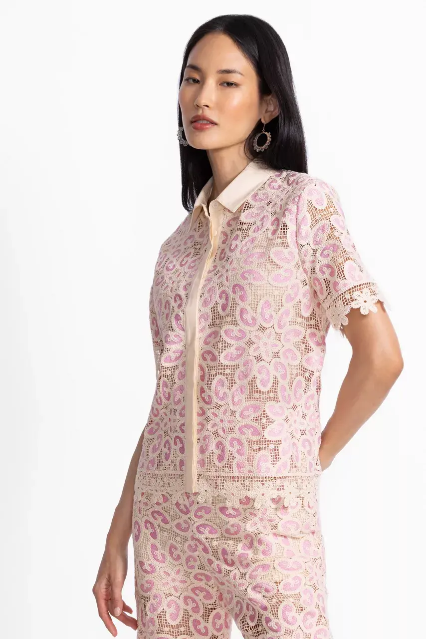 Johnny Was BILLIE LACE BUTTON DOWN SHIRT Pink