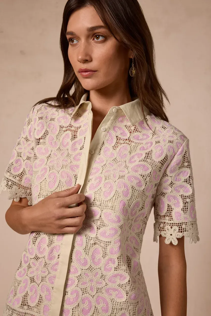 Johnny Was BILLIE LACE BUTTON DOWN SHIRT Pink