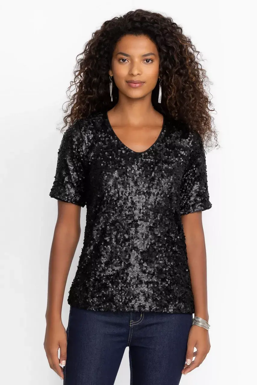 Johnny Was BRADLEY SEQUIN BLOUSE Black Sequin