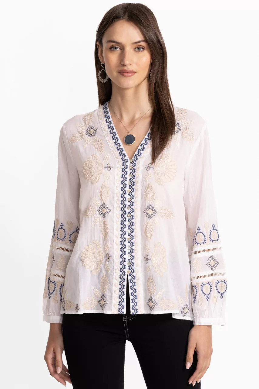 Johnny Was BUTTON FRONT LISBON BLOUSE White