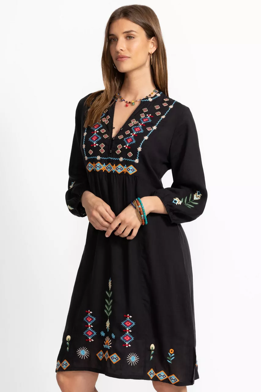 Johnny Was BUTTON FRONT YOKE DRESS Black