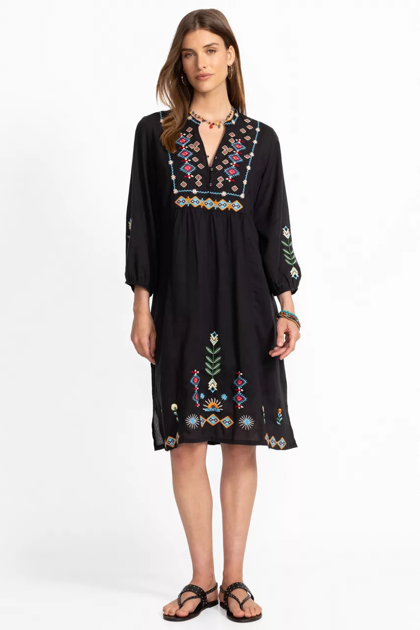 Johnny Was BUTTON FRONT YOKE DRESS Black