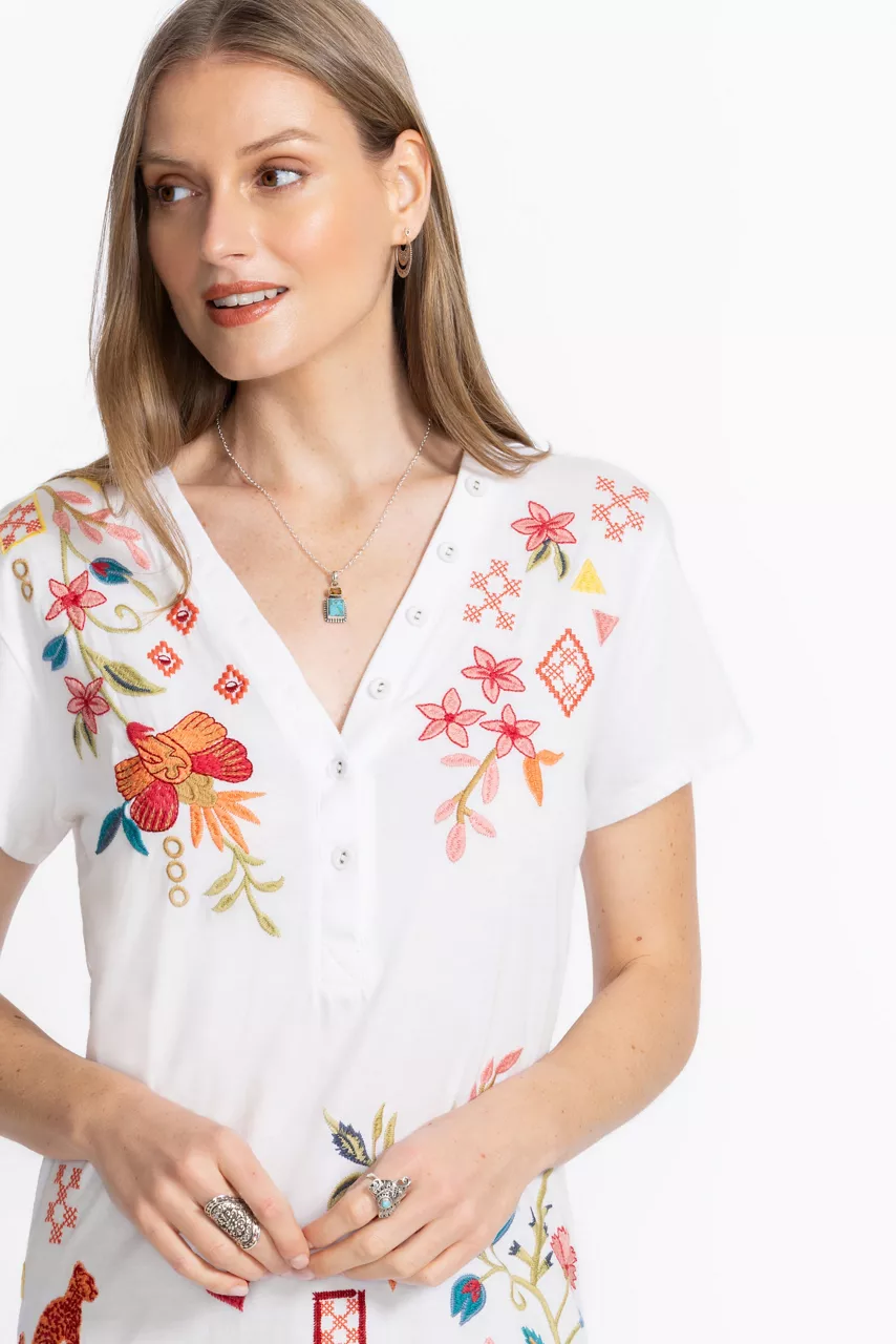 Johnny Was BUTTON NECK TEE White