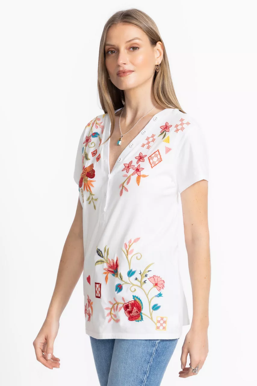 Johnny Was BUTTON NECK TEE White