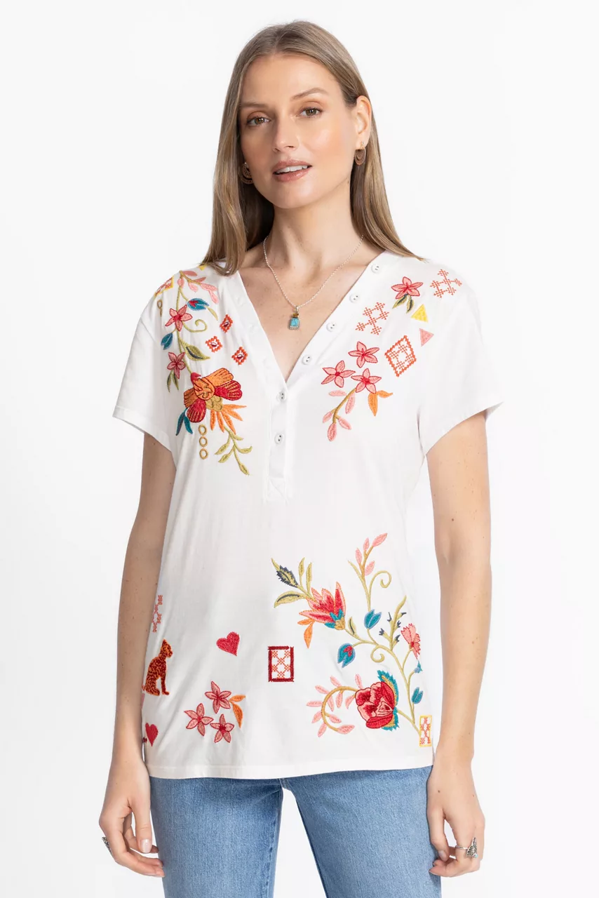 Johnny Was BUTTON NECK TEE White