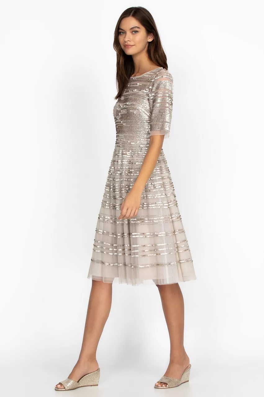 Johnny Was Champagne Beaded Mesh Dress Champagne