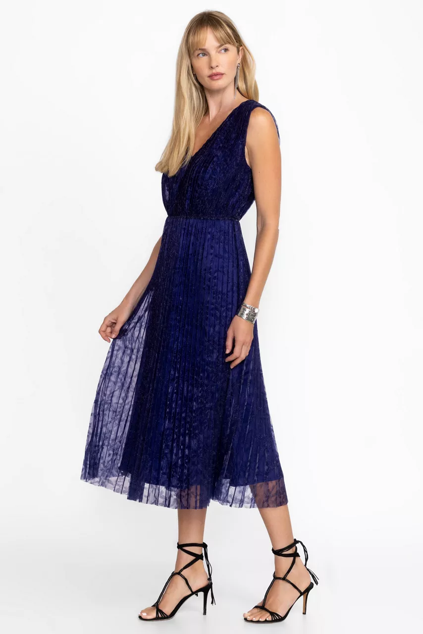 Johnny Was CLARIO PLEATED MIDI DRESS Electric Blue