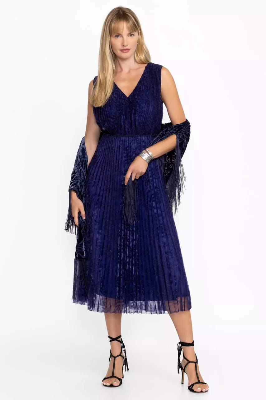 Johnny Was CLARIO PLEATED MIDI DRESS Electric Blue