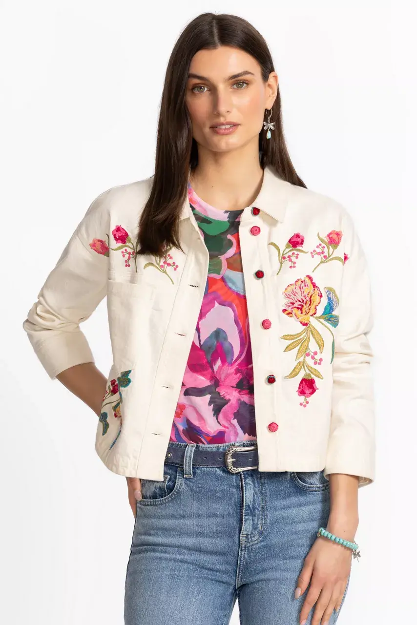 Johnny Was CROCHET CROPPED DENIM JACKET White