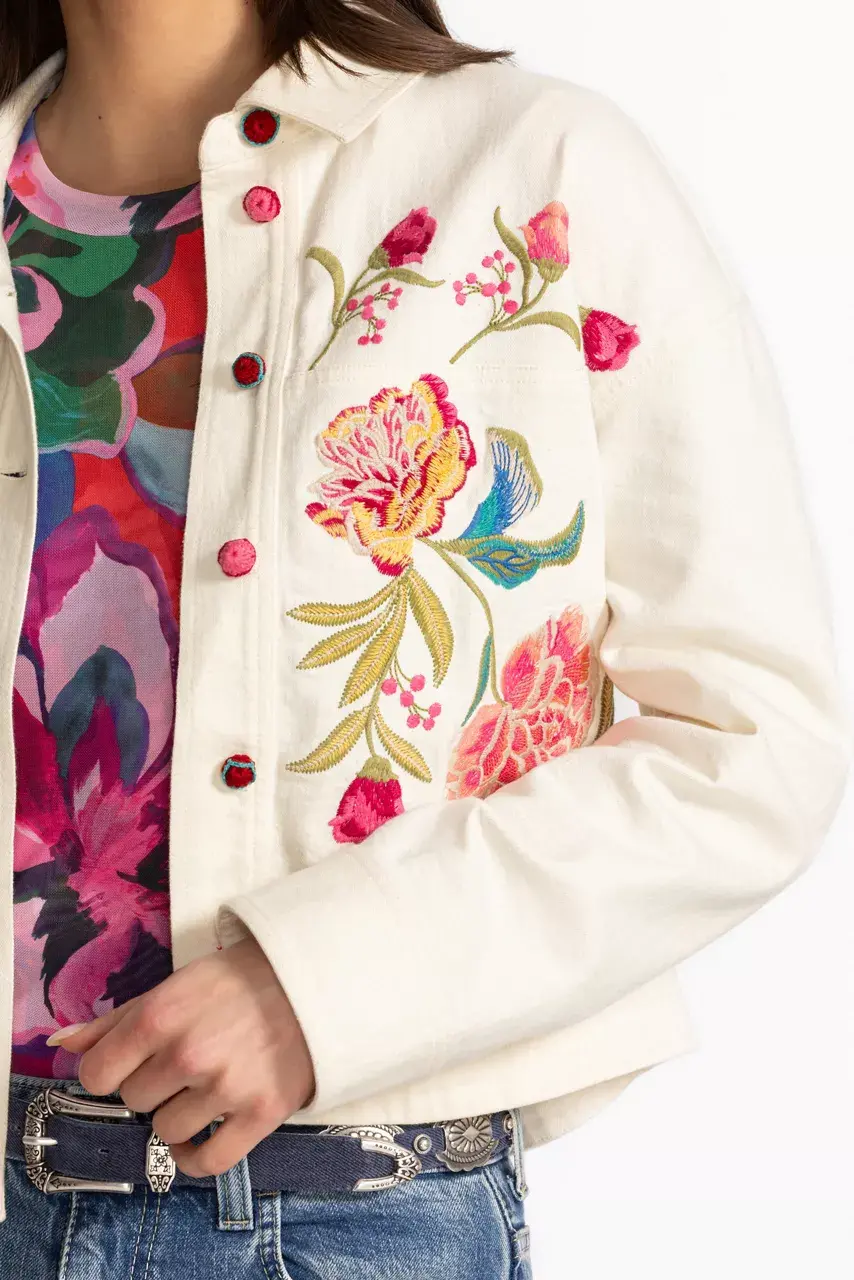 Johnny Was CROCHET CROPPED DENIM JACKET White