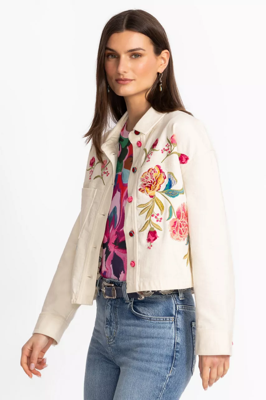 Johnny Was CROCHET CROPPED DENIM JACKET White