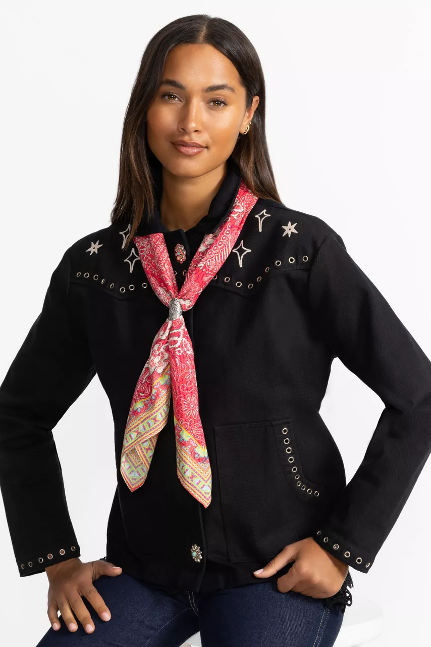 Johnny Was DENIM EMBROIDERY HEAD SCARF Red Lace