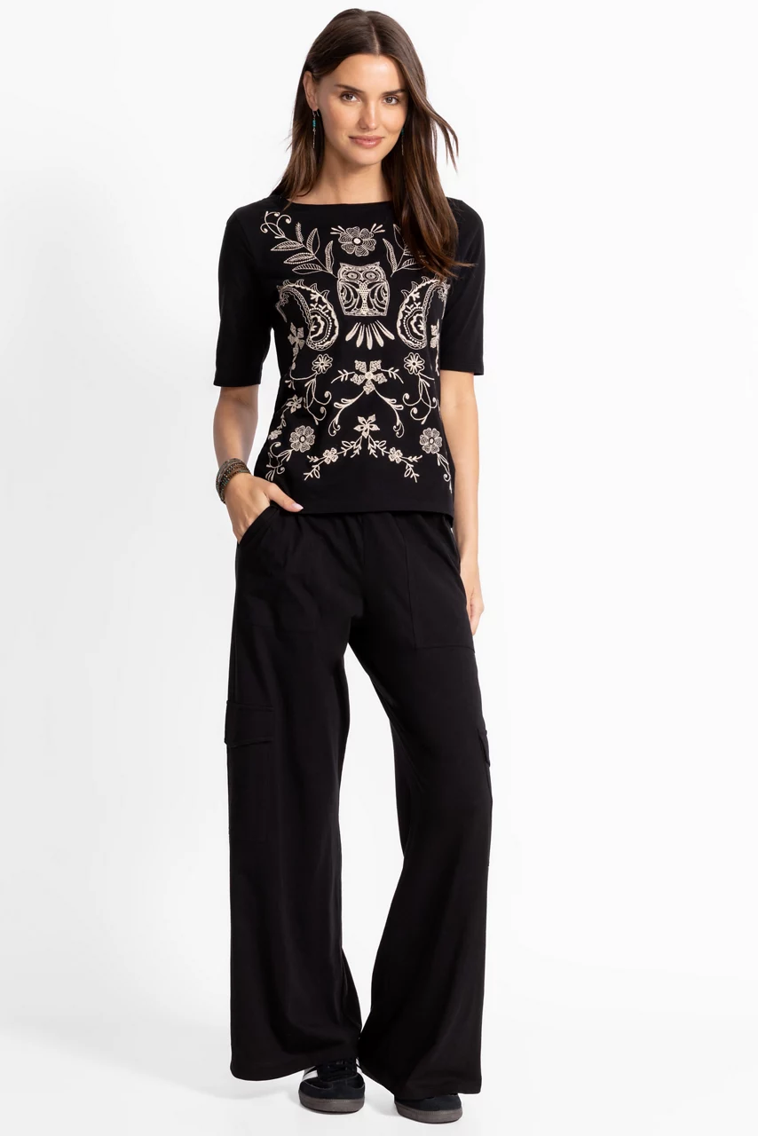 Johnny Was ELBOW SLEEVE BOAT NECK TEE Black