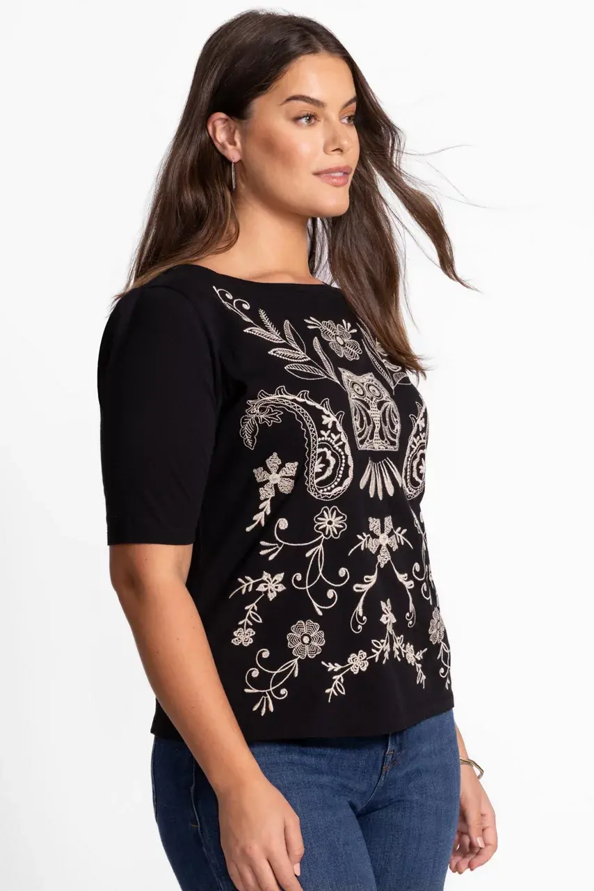 Johnny Was ELBOW SLEEVE BOAT NECK TEE Black