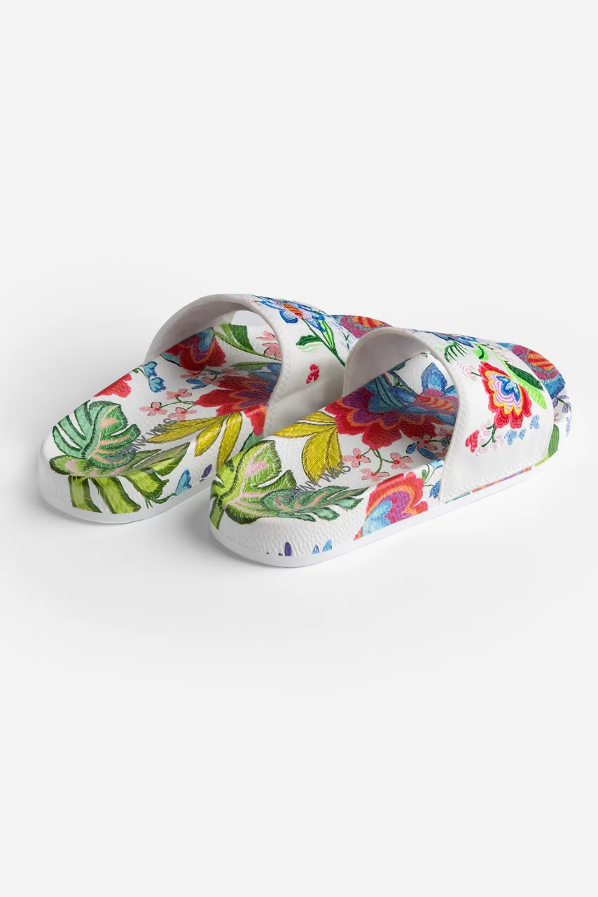 Johnny Was EMBROIDERED POOL SLIDE Rumba White