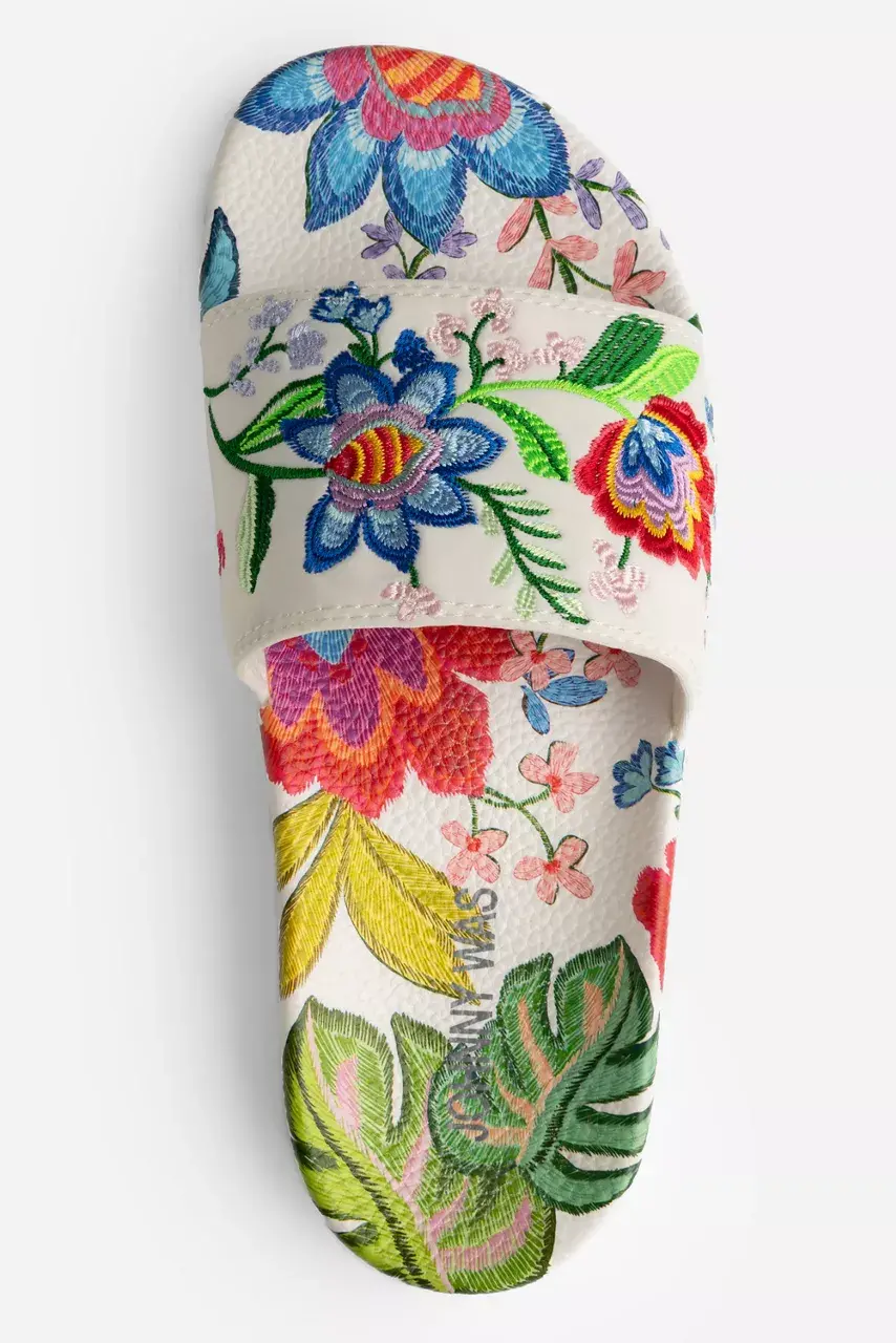 Johnny Was EMBROIDERED POOL SLIDE Rumba White