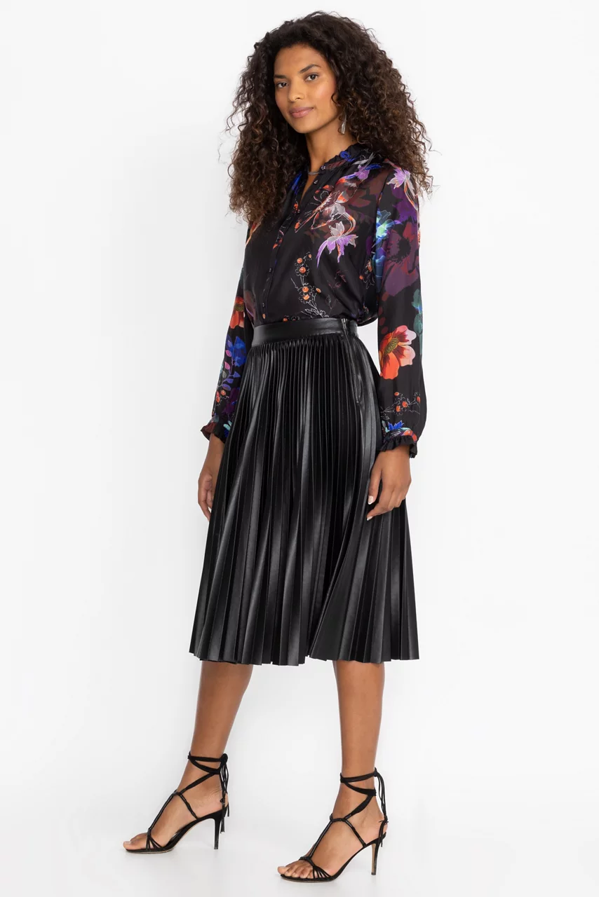 Johnny Was EMMI VEGAN LEATHER PLEATED SKIRT Black