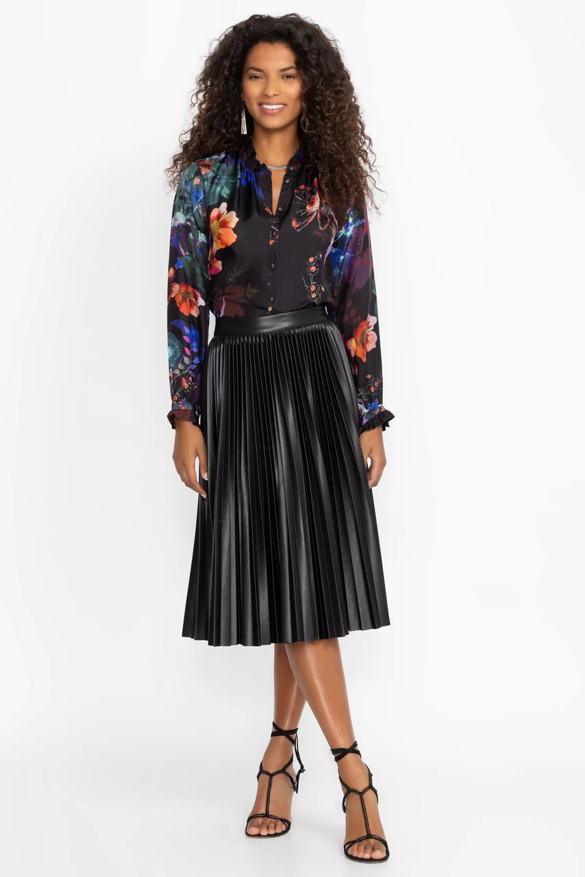 Johnny Was EMMI VEGAN LEATHER PLEATED SKIRT Black