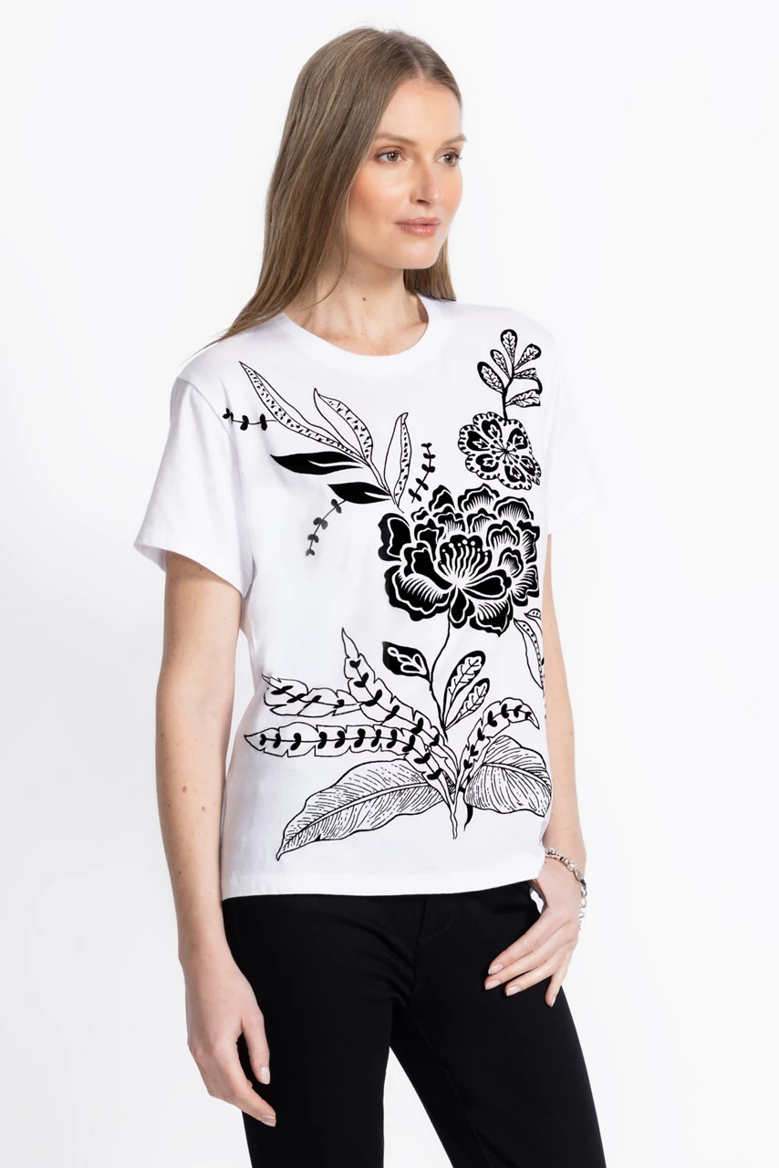 Johnny Was FLOCKED CREW NECK TEE White