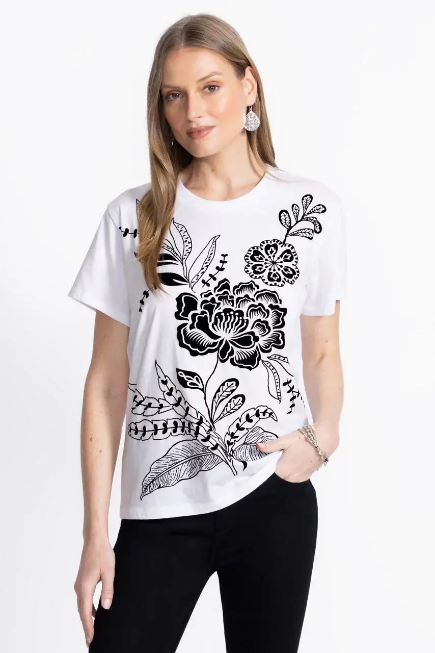 Johnny Was FLOCKED CREW NECK TEE White