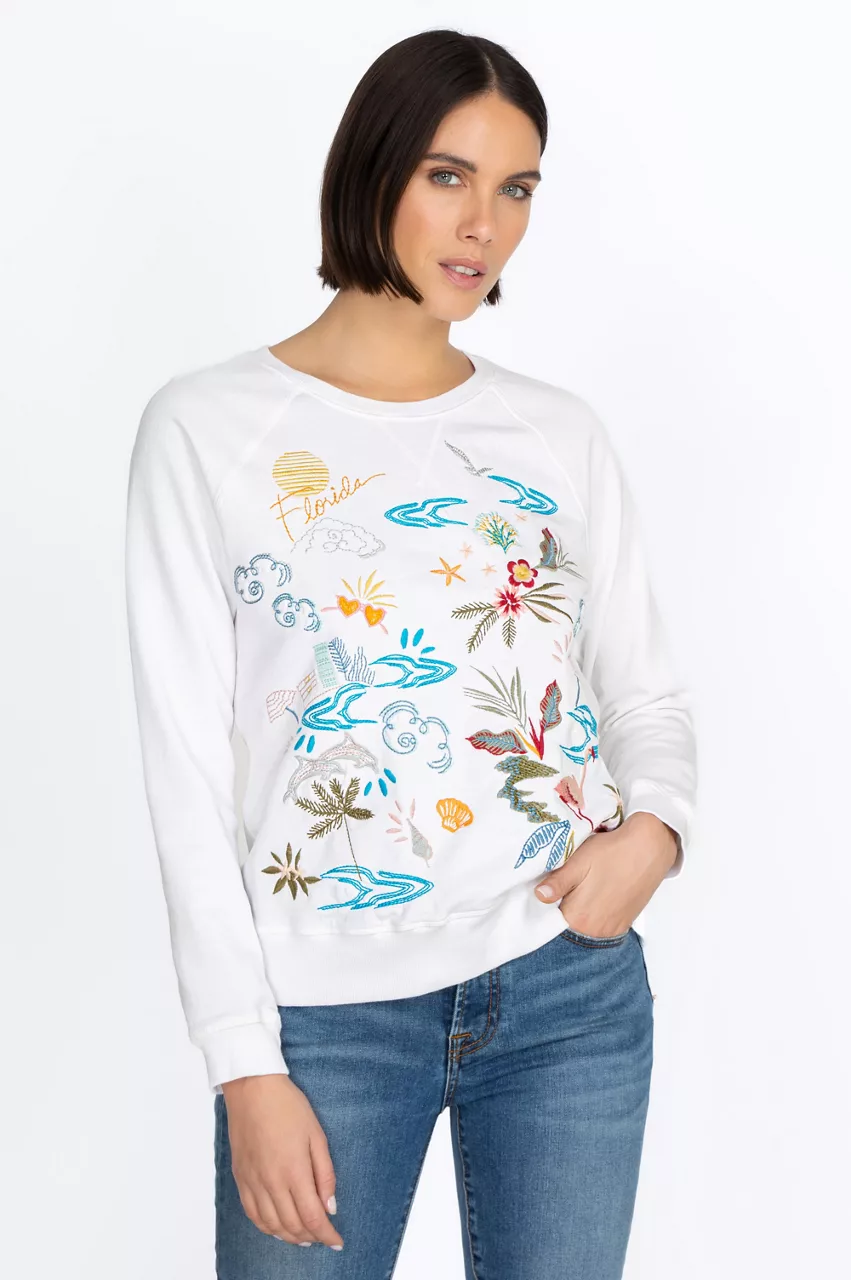 Johnny Was Florida Raglan Sweatshirt White