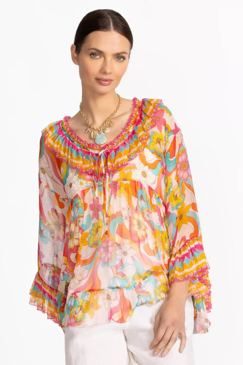 Johnny Was GAL RUFFLE TIE BLOUSE Prismatic Dream