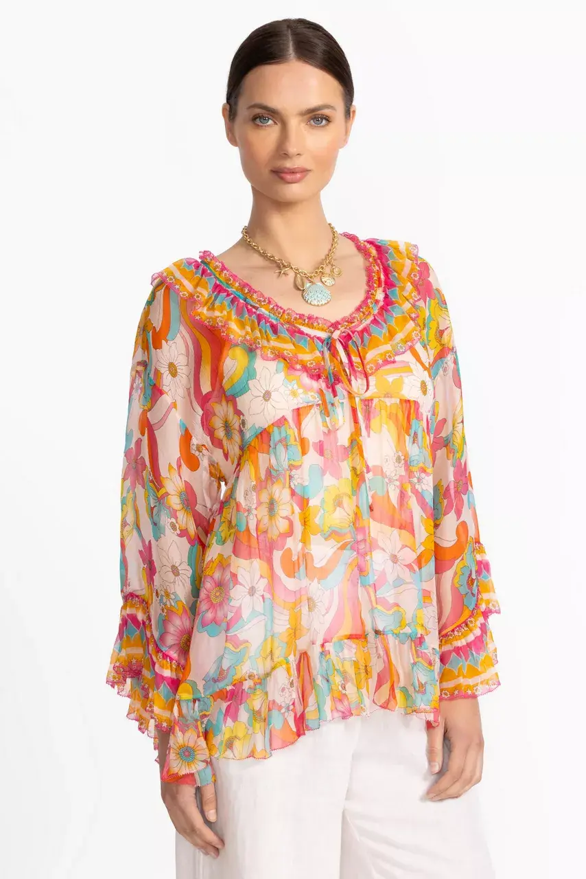 Johnny Was GAL RUFFLE TIE BLOUSE Prismatic Dream